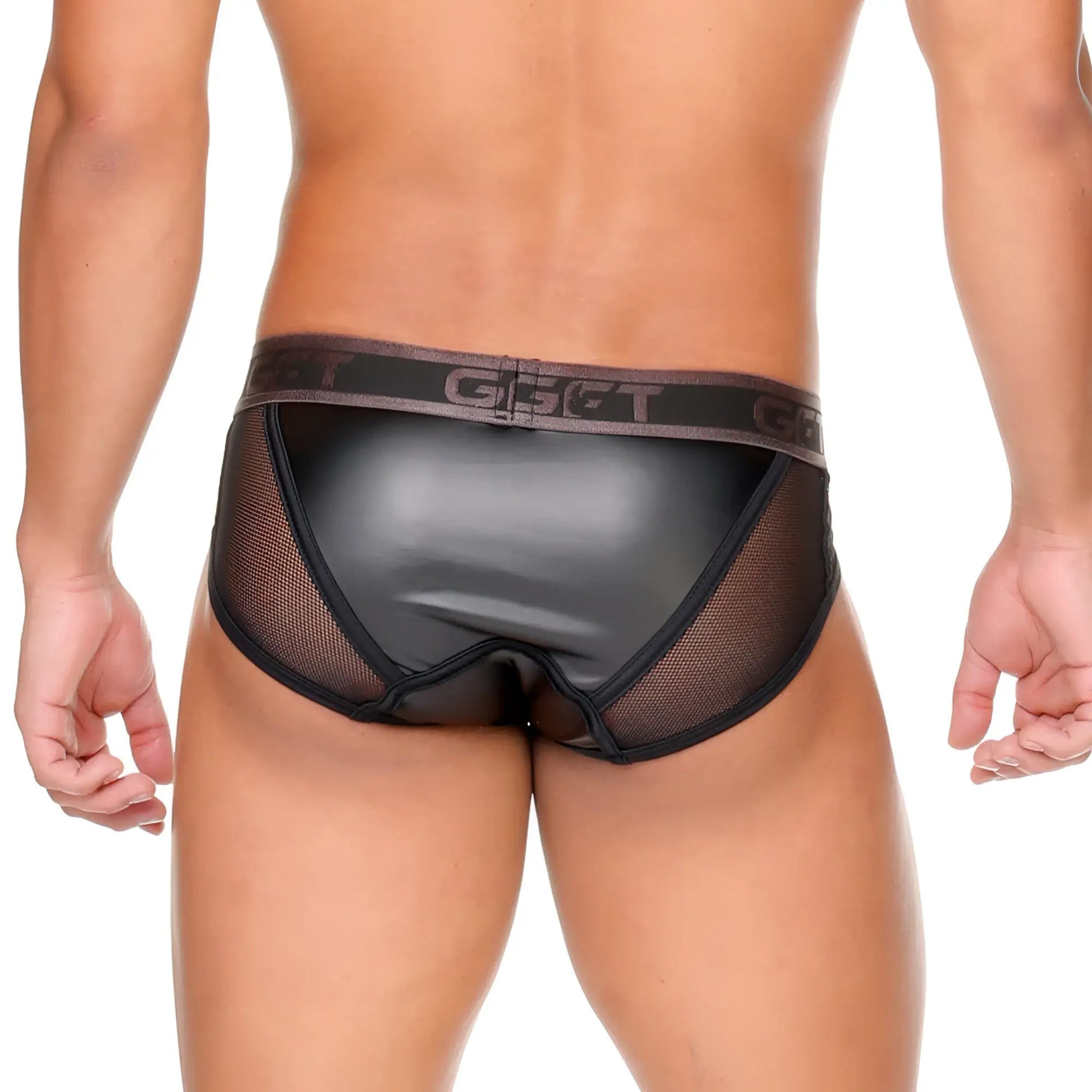 Black faux leather briefs with mesh panels and branded waistband from gigo fetish black brief collection