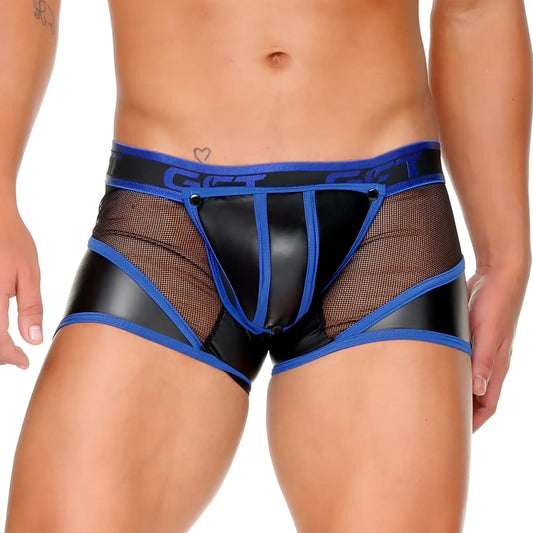 Gigo fetish blue trunk black and blue faux leather briefs with mesh panels and bold got logo on waistband