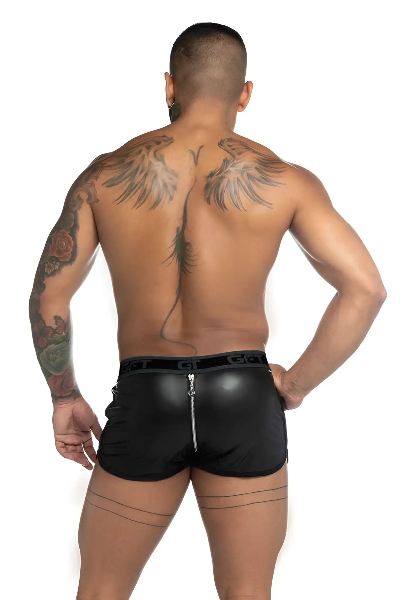 Black faux leather Gigo fetish curved hem piping shorts with central front zipper and branded waistband size S
