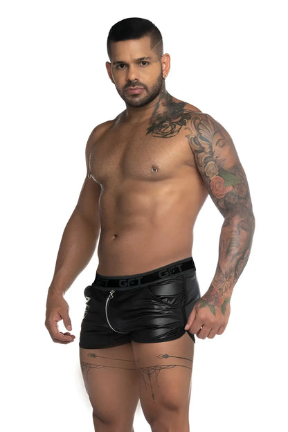 Black patent leather gigo fetish shorts with curved hem piping double side zipper and elastic g&t waistband size s