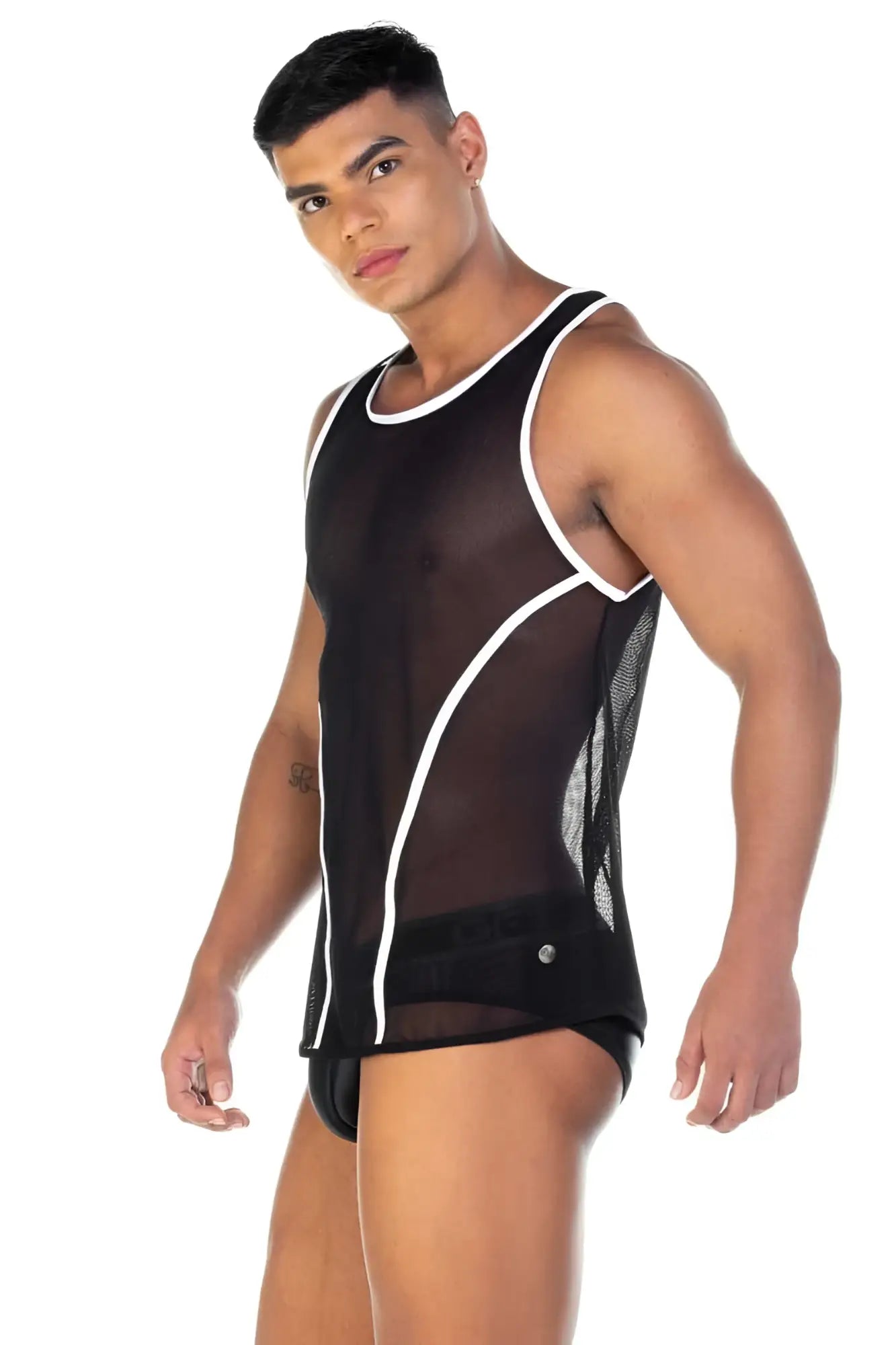 Gigo fetish curves black sheer mesh tank top with white trim and side panels in size m front view