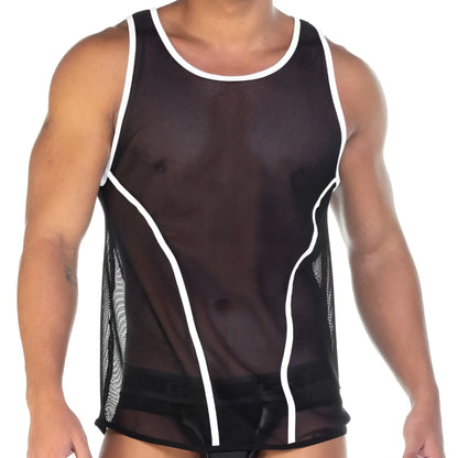 Black mesh tank top with white piping trim by gigo fetish curves in size medium showing front view