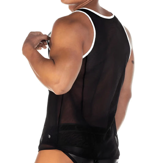 Black mesh tank top with white piping trim from gigo fetish curves in size medium shown from the back side
