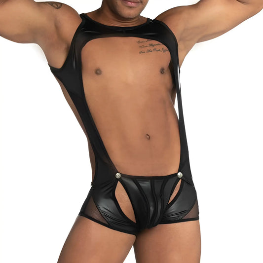 Black shiny latex bodysuit with mesh panels and silver button fastenings gigo fetish detachable piping singlet size s