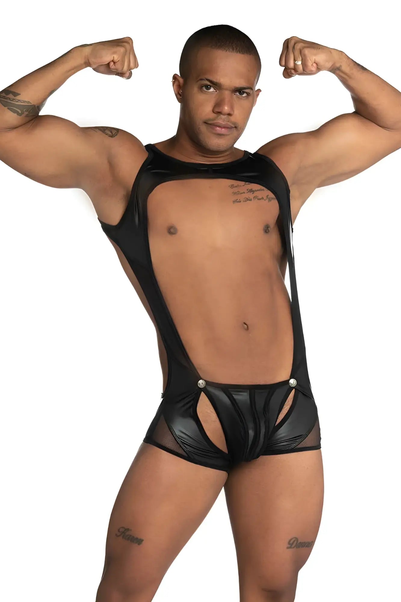 Black shiny faux leather singlet bodysuit with detachable piping mesh cutouts and silver button accents size S