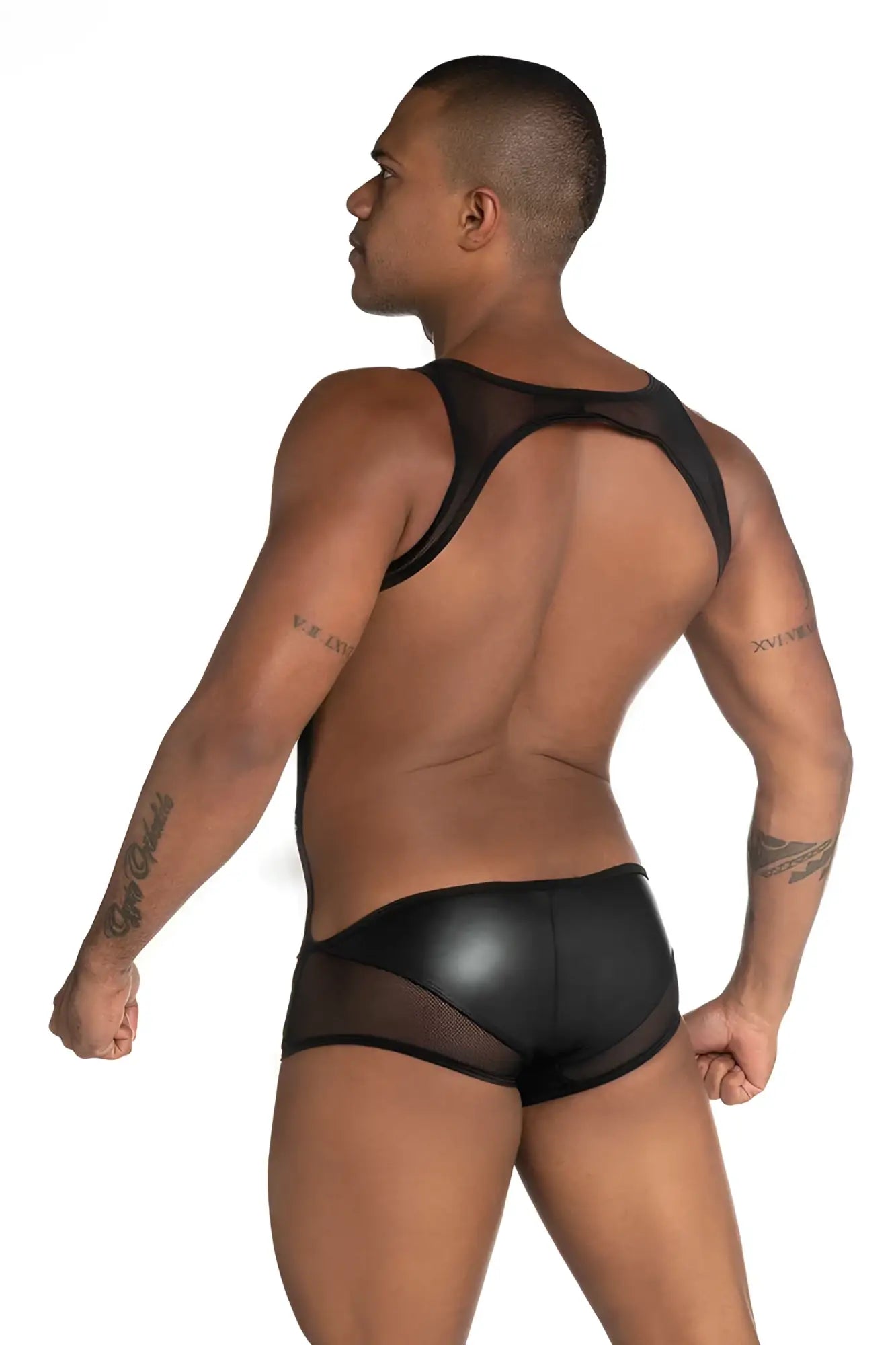 Black mesh and faux leather men’s backless underwear singlet bodysuit with detachable piping size s gigo fetish