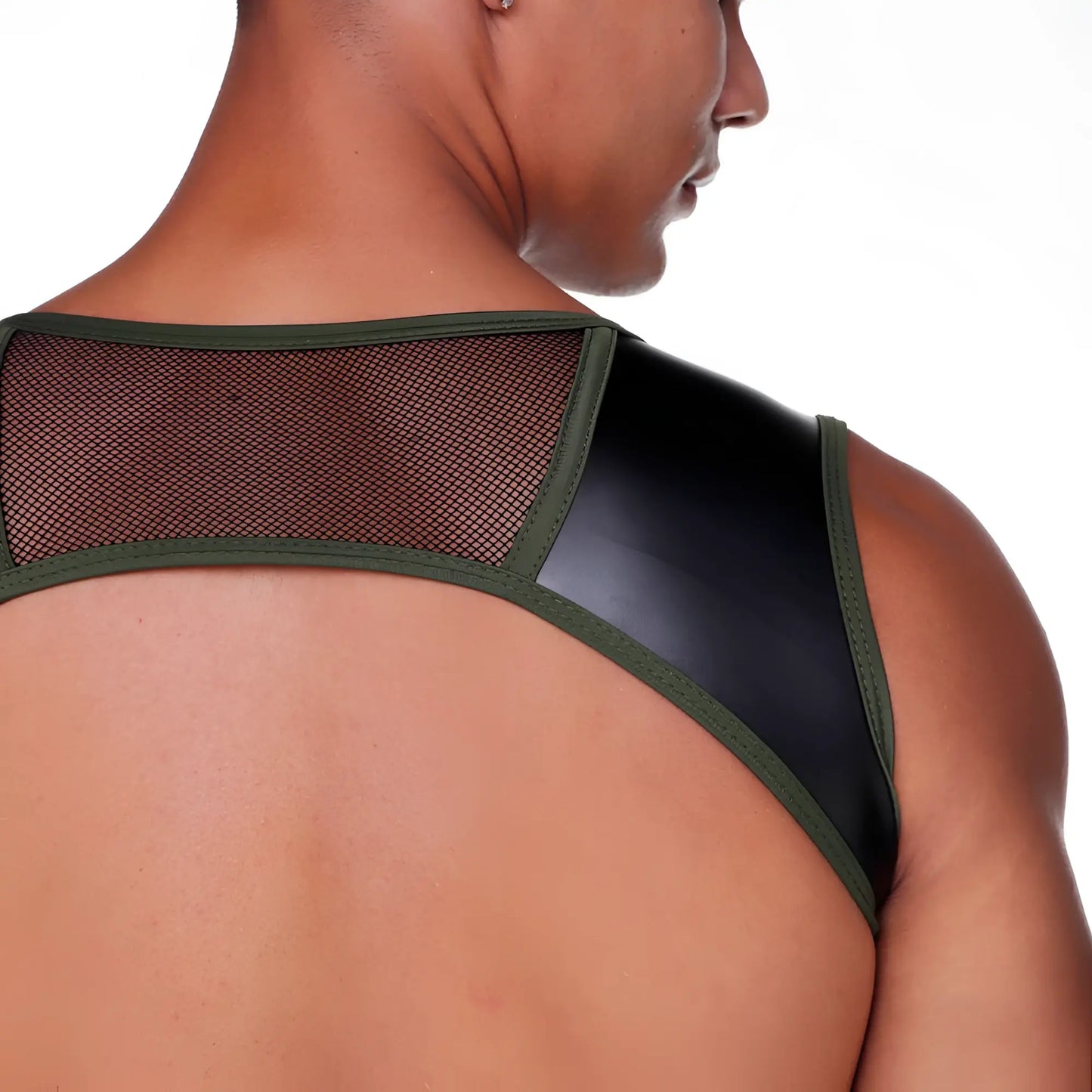 Back view of olive green and black mesh and faux leather backless top gigo fetish green harness style