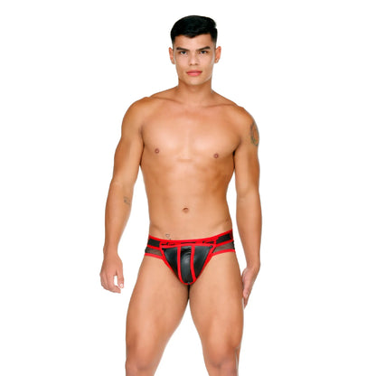 Black and red leather-trimmed menâ€™s briefs with a bold modern design from gigo fetish red brief collection