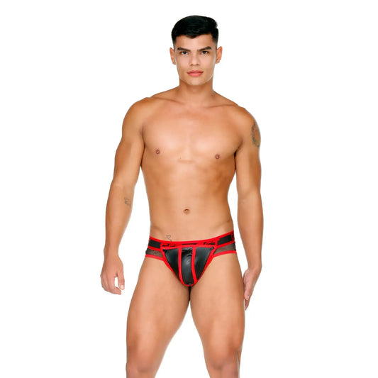 Black and red leather-trimmed menâ€™s briefs with a bold modern design from gigo fetish red brief collection