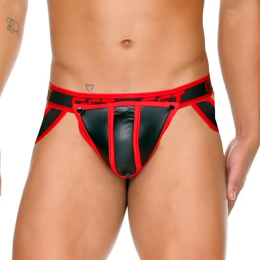 Black and red leather-trimmed gigo fetish red jockstrap menâ€™s briefs with bold angular design