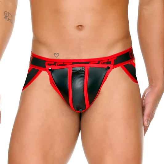 Black and red leather-trimmed gigo fetish red jockstrap menâ€™s briefs with bold angular design