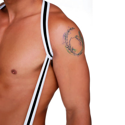 Gigo fetish white body harness featuring a delicate watercolor hummingbird tattoo with green leaves and purple flowers