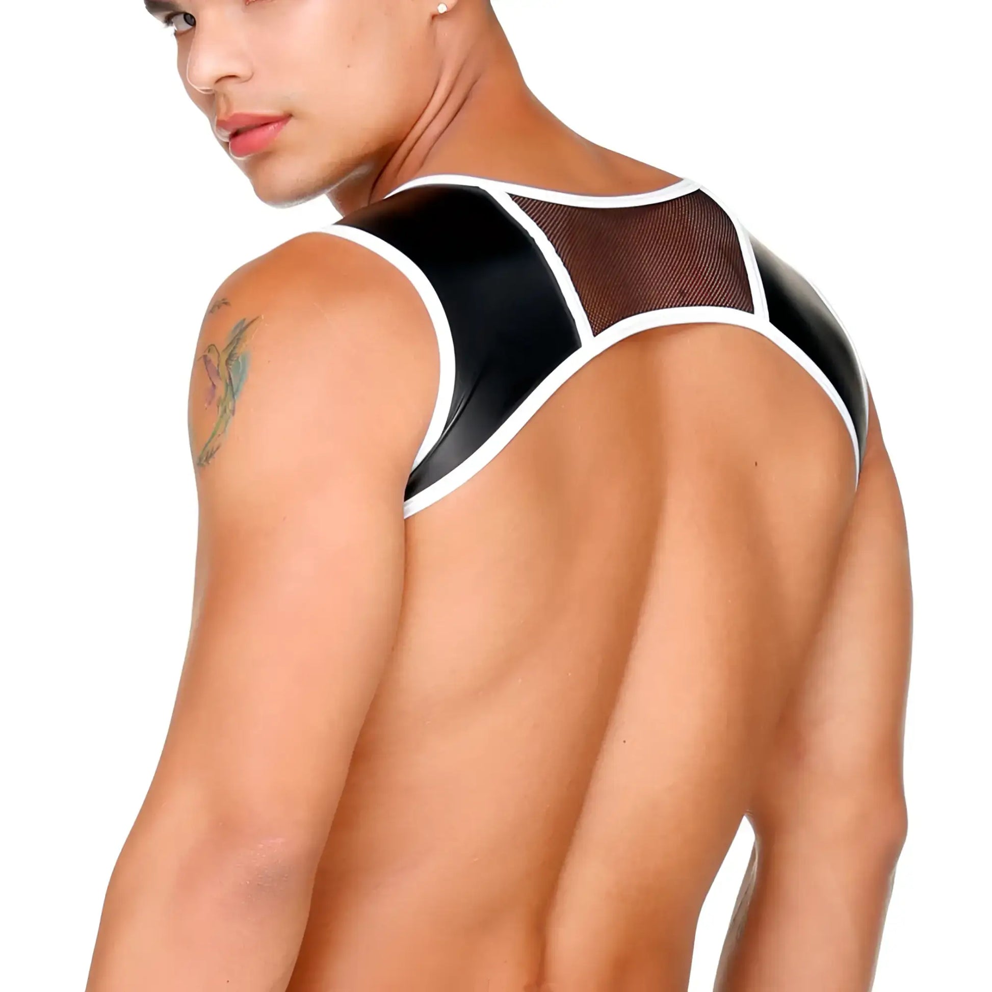 Gigo fetish white harness black and white mesh and latex shoulder top with glossy finish front view