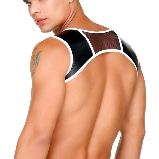 Gigo fetish white harness black and white mesh and latex shoulder top with glossy finish front view