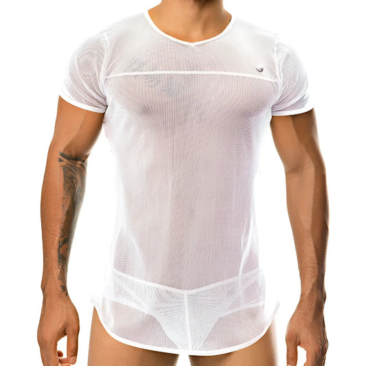 White mesh men’s short sleeved v neck top with reinforced white trim gigo fire white size xl