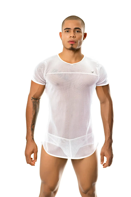 Gigo FIRE WHITE short sleeved t shirt in white mesh with v neckline and sheer form fitting design size XL