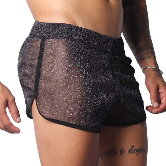 Sheer black glittery mesh shorts with a slim athletic fit and solid black trim edging.
