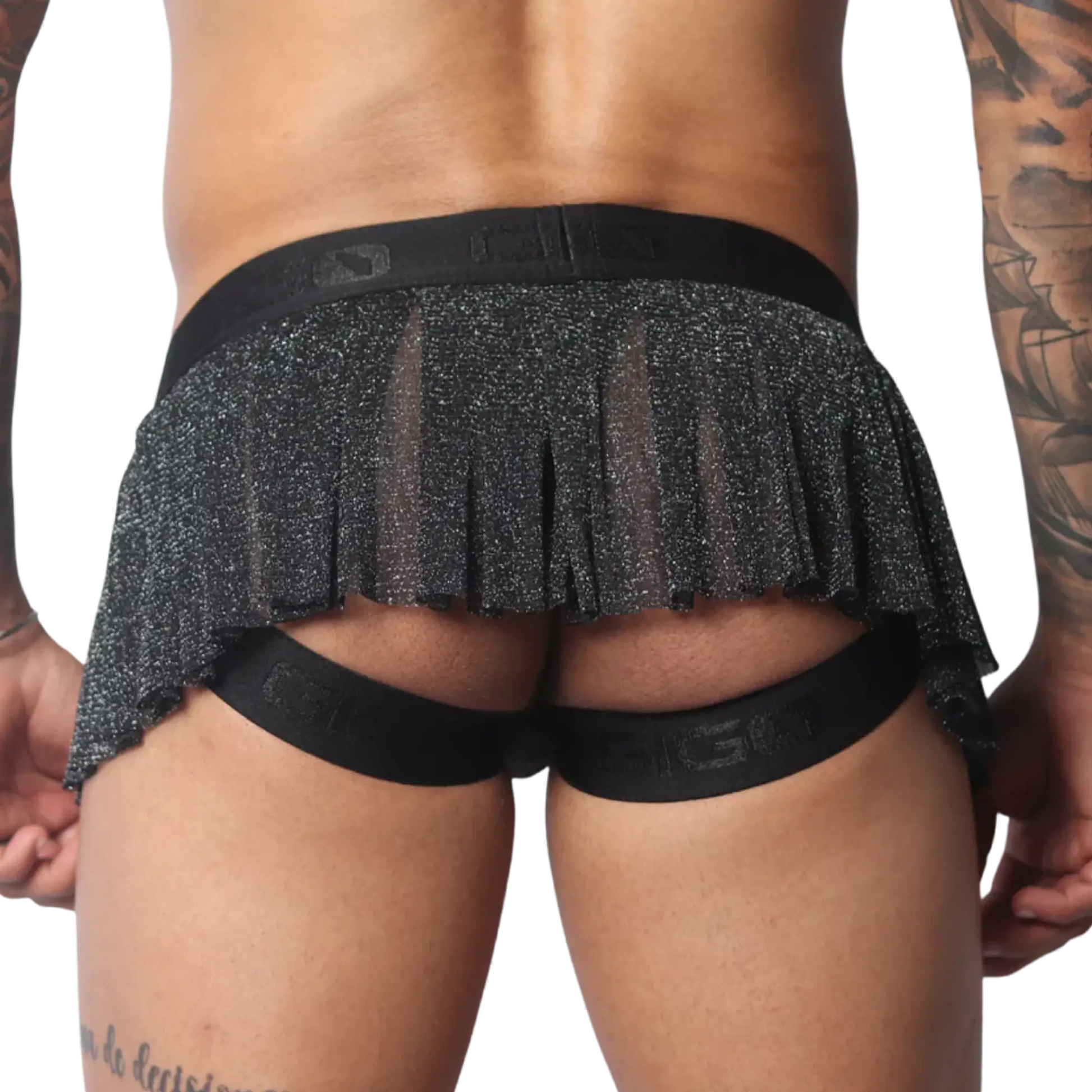 Black metallic pleated mini skirt with an open back, featuring a branded elastic waistband and leg straps.