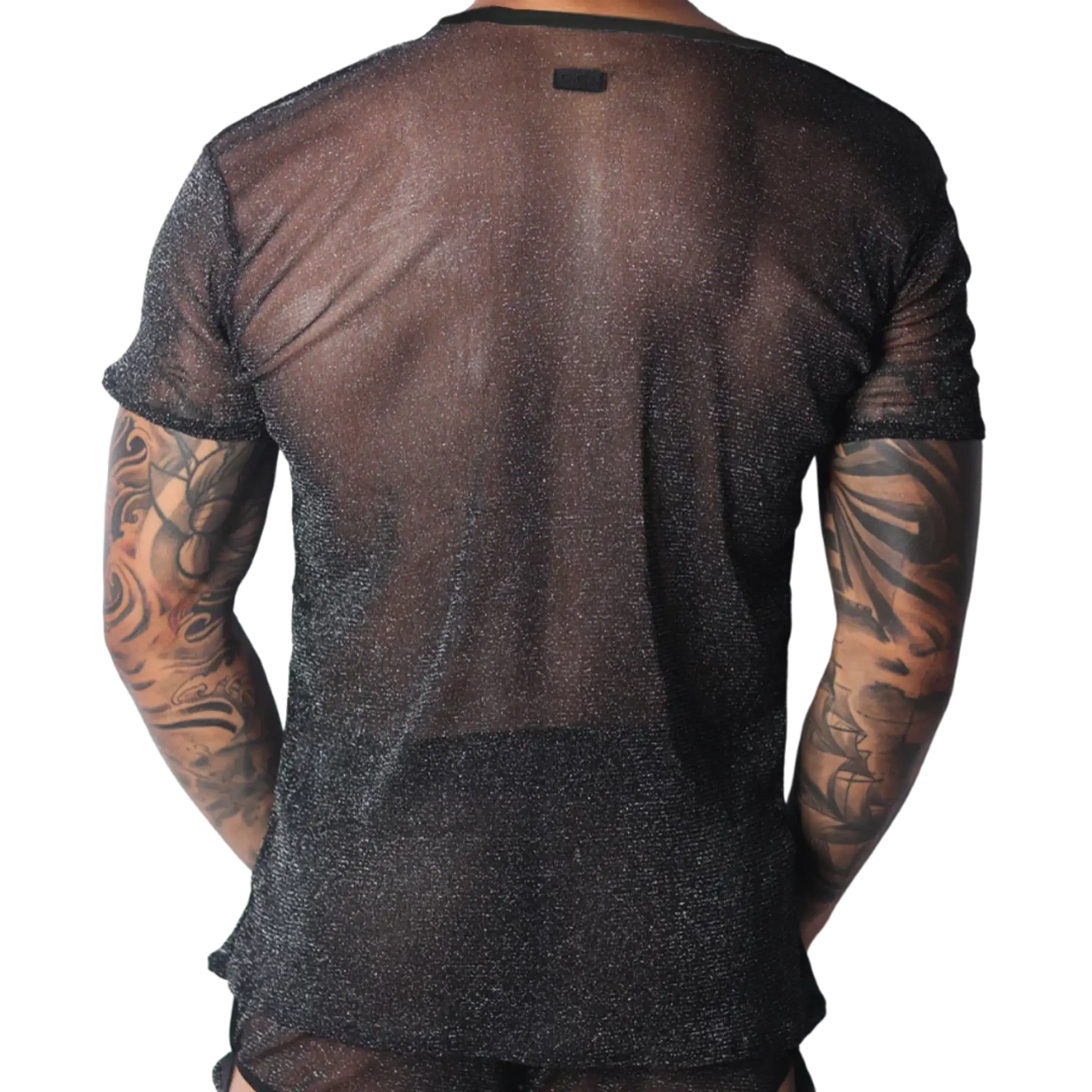 Black semi-sheer, metallic short-sleeve T-shirt with a lightweight, glittery knit texture.