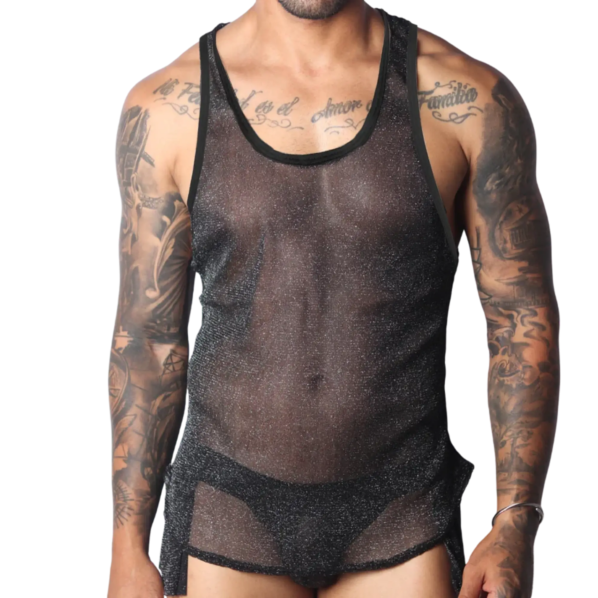 Black semi-sheer mesh tank top with a subtle glitter finish and solid black trim, worn over matching briefs.