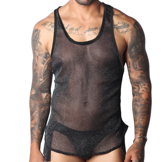 Black semi-sheer mesh tank top with a subtle glitter finish and solid black trim, worn over matching briefs.