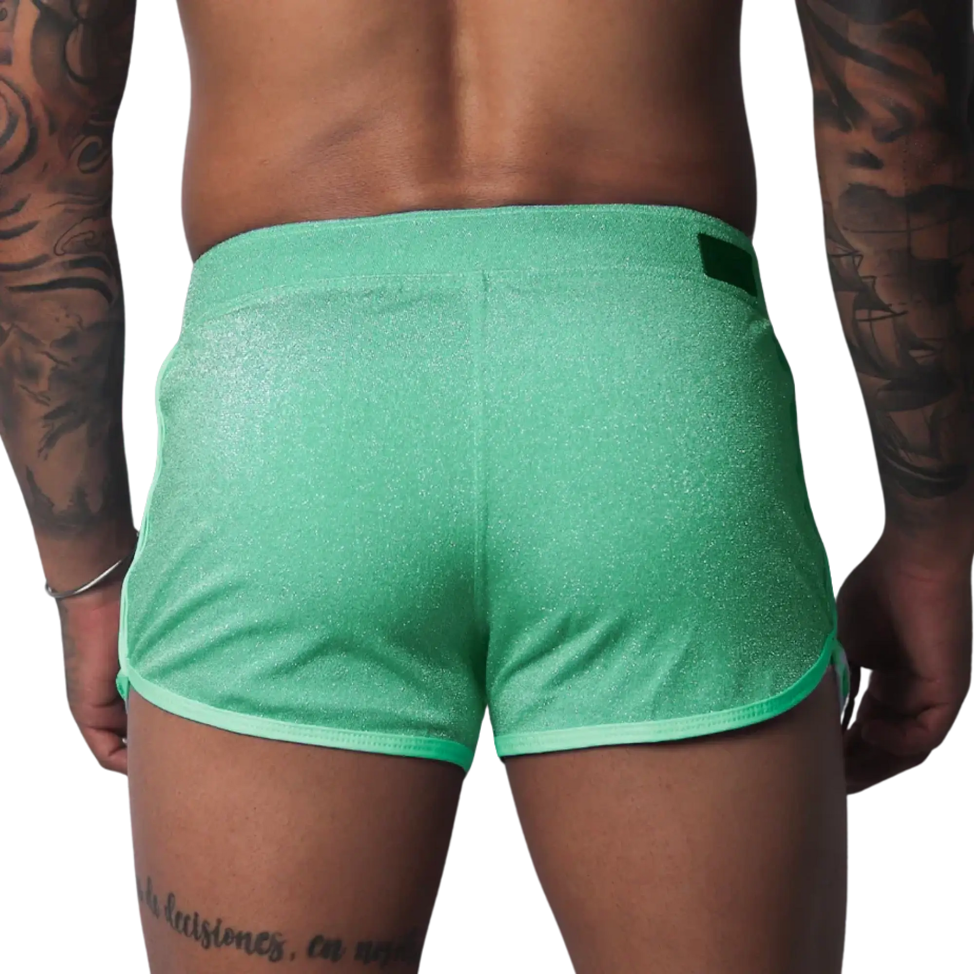 Flash green, shimmering athletic-style shorts with contrast trim and a rear waistband tab.