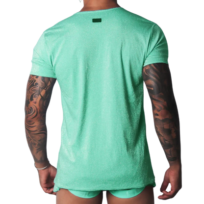 Shimmering flash green short-sleeve t-shirt with a slim fit and small rectangular logo patch on the upper back.