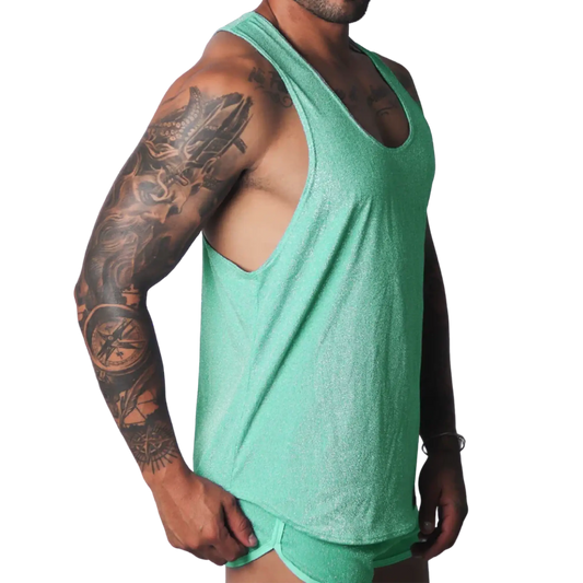 Flash green, metallic-finish racerback tank top with deep-cut armholes, worn by a muscular man.
