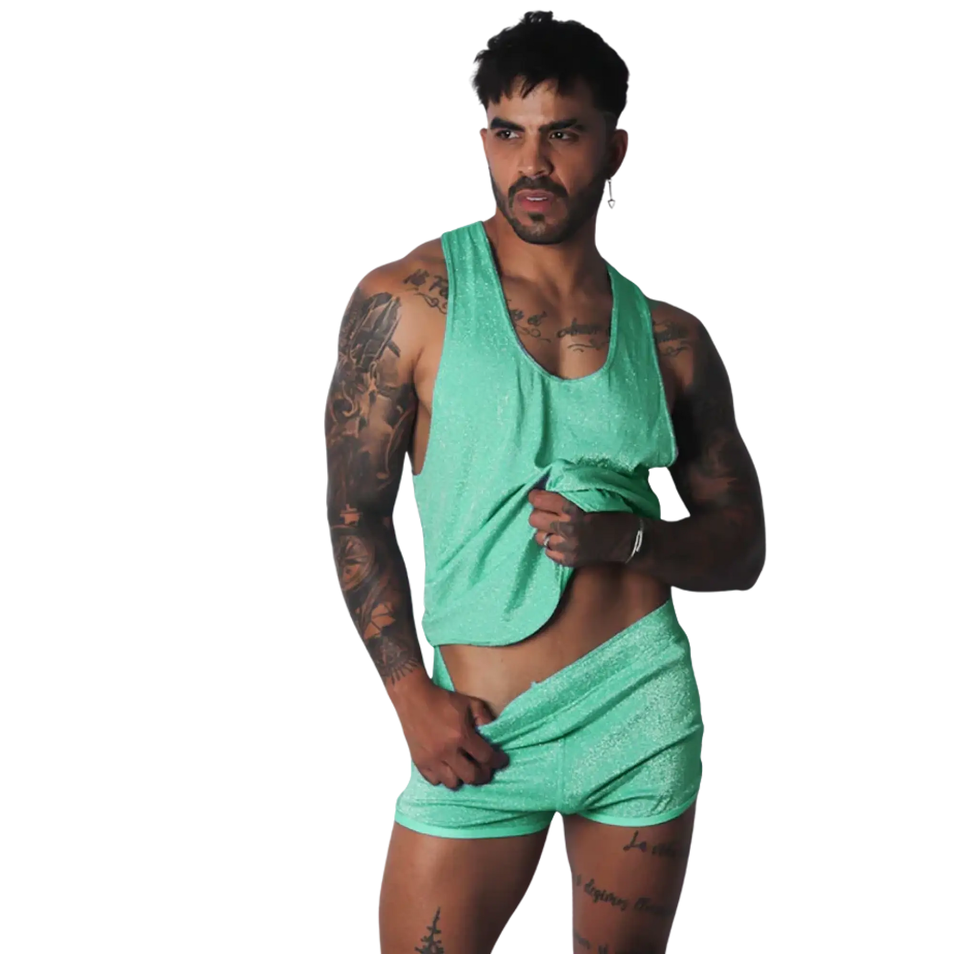 Neon green, glitter-finish tank top with a scoop neck and wide straps in a fitted, athletic style.