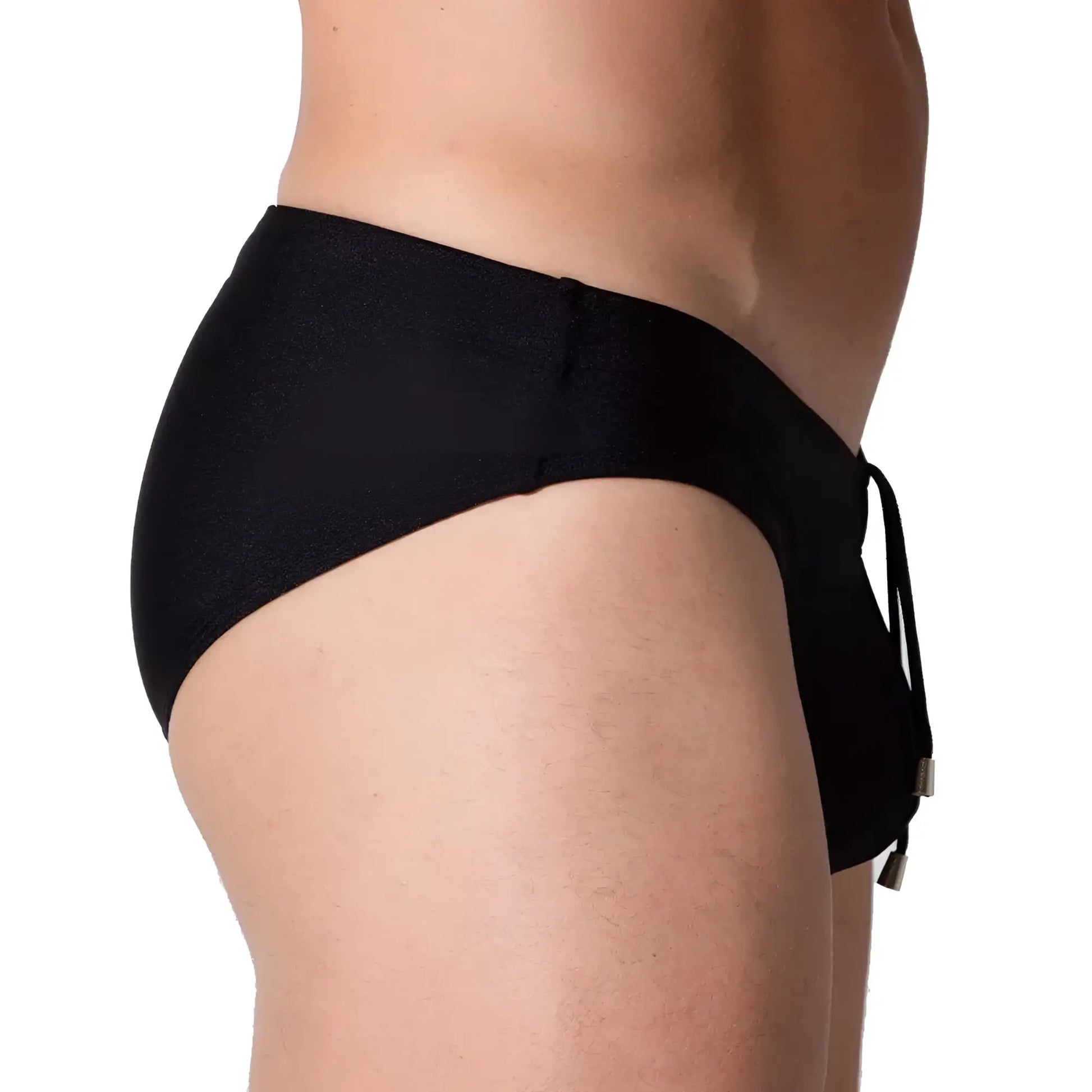 Black gigo flashing swim brief with textured fabric and side drawstring for secure fit