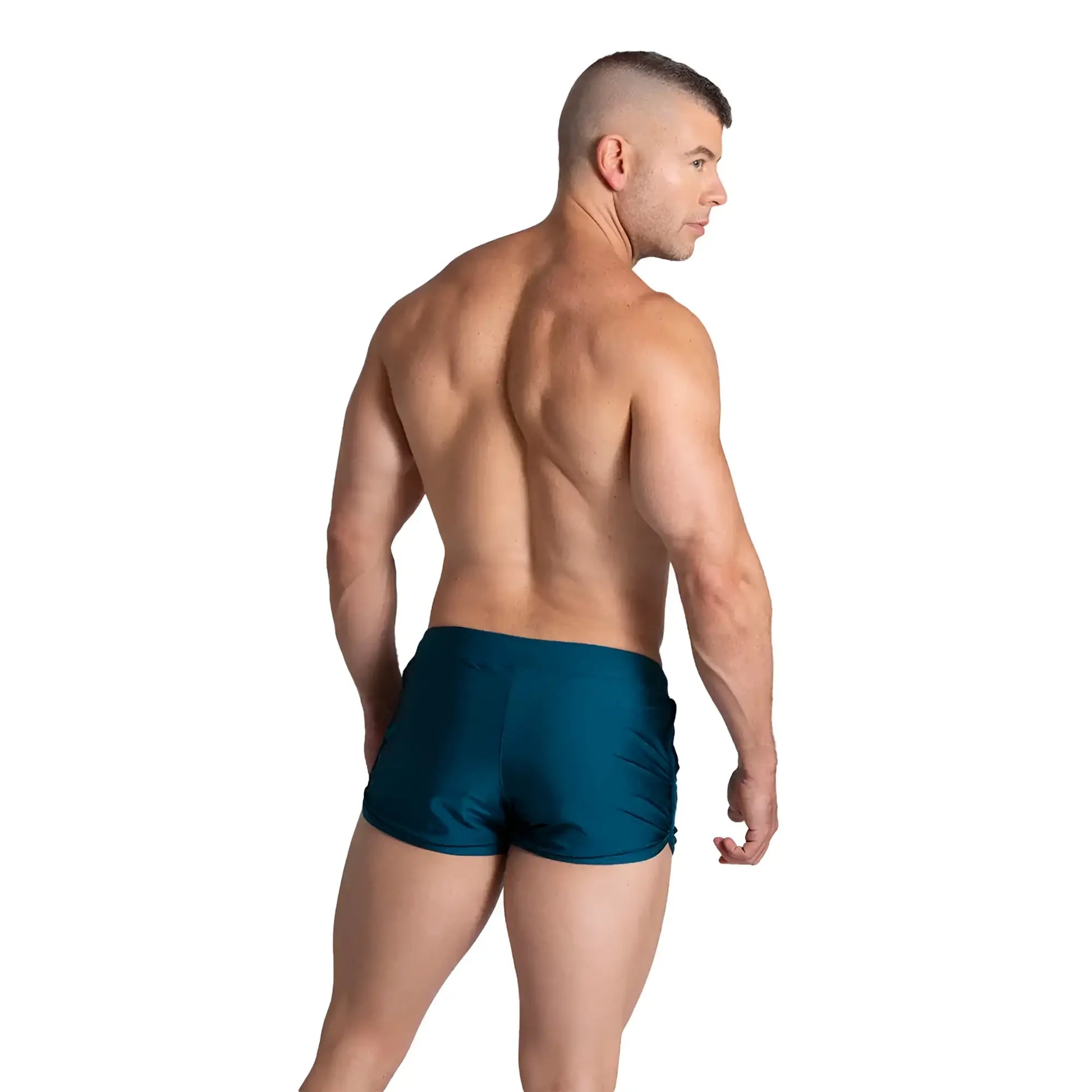 Teal satin swim trunks in gigo flashing green beachwear designed for vibrant beach and poolside use