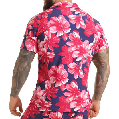 Gigo Flowers fucshia navy blue short-sleeved hawaiian shirt with vibrant pink and white hibiscus floral print