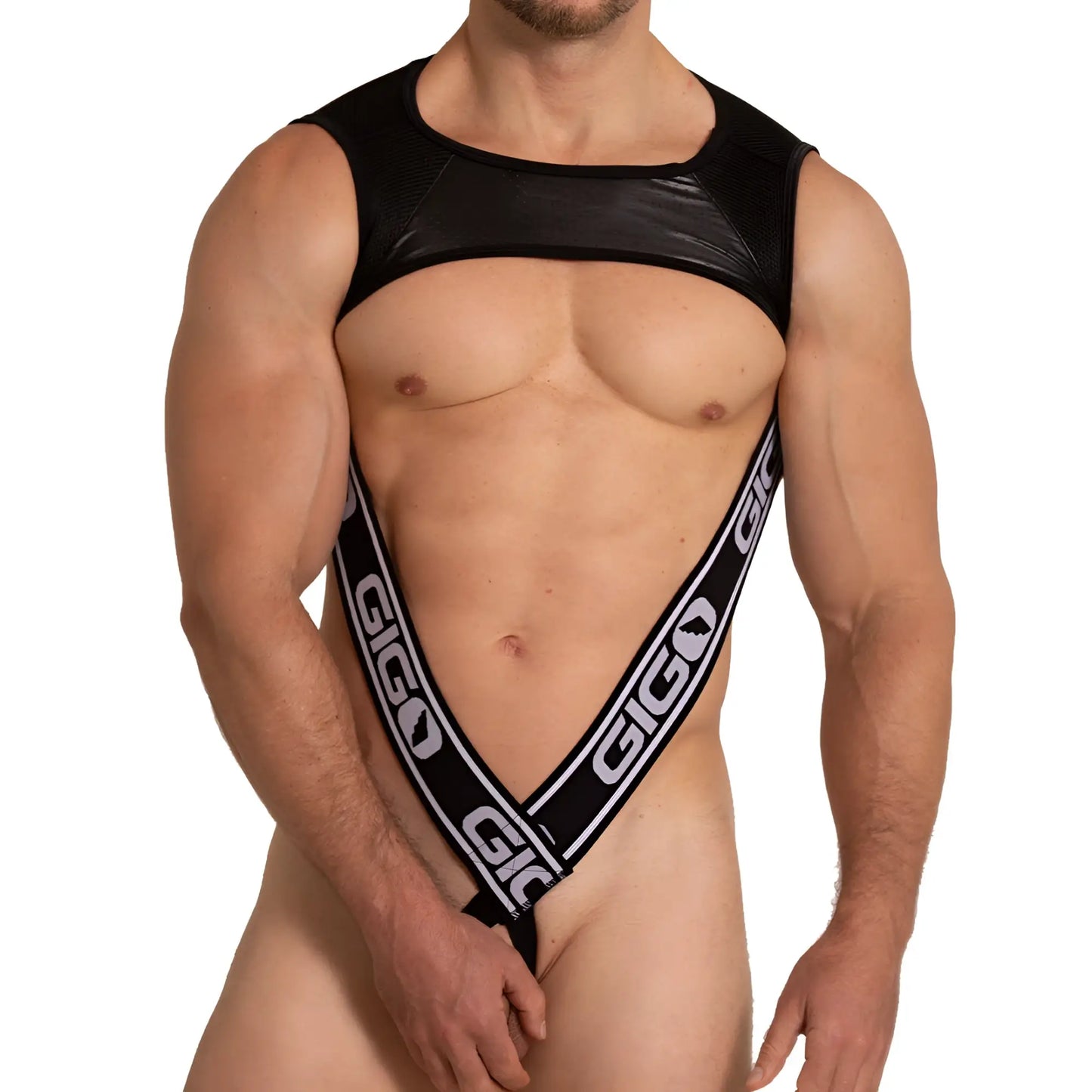 Black gigo menâ€™s lingerie foamy harness with shiny mesh top and bold white logo straps front view