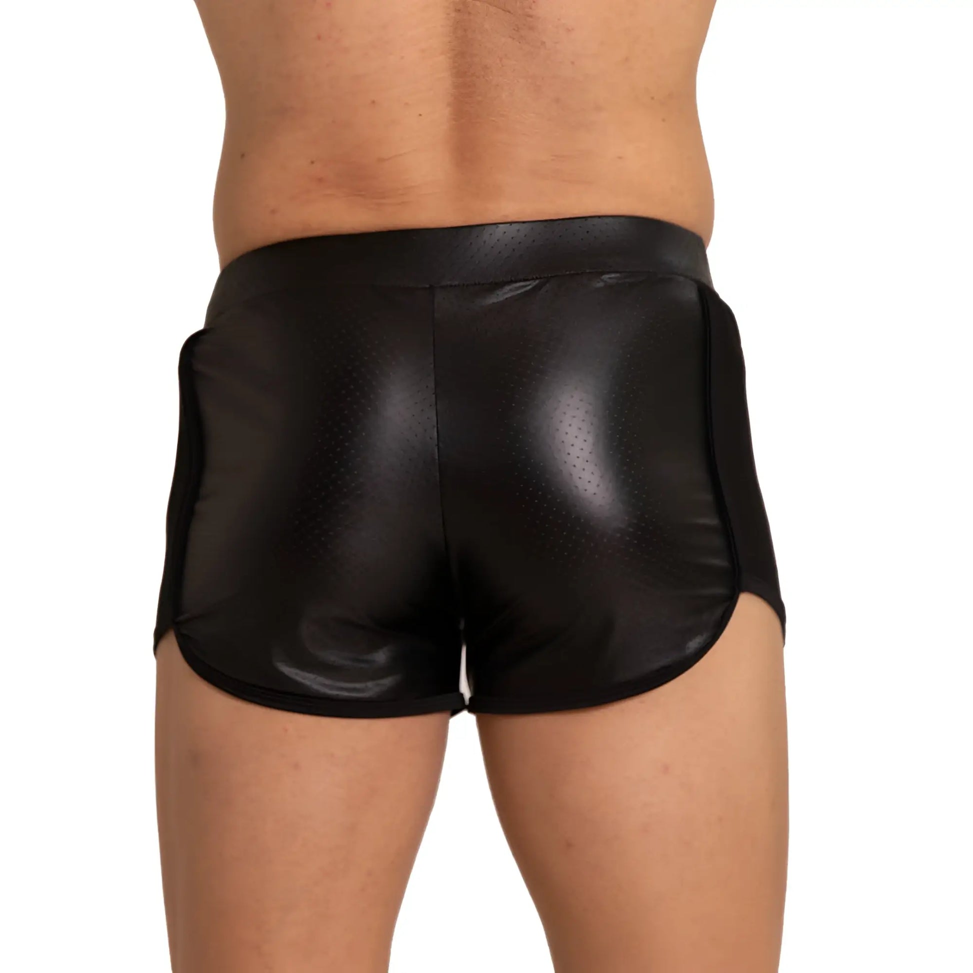 Black shiny faux leather gigo foamy shorts with form-fitting design and subtle perforated detailing on the back