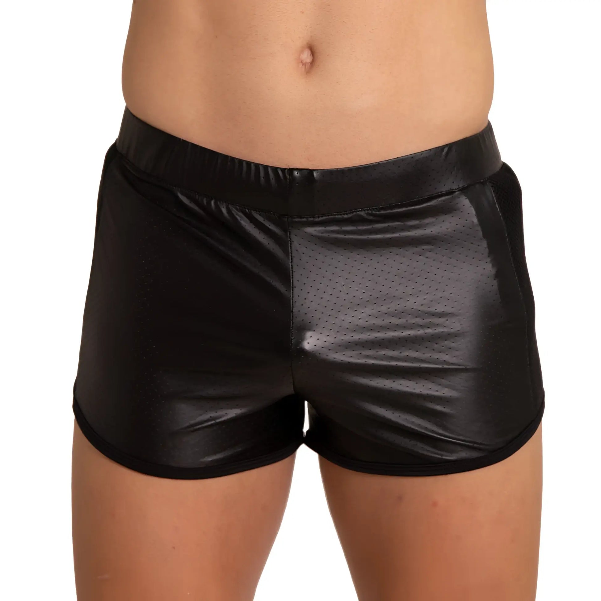 Black shiny faux leather gigo foamy shorts with a perforated front panel for a stylish edgy look