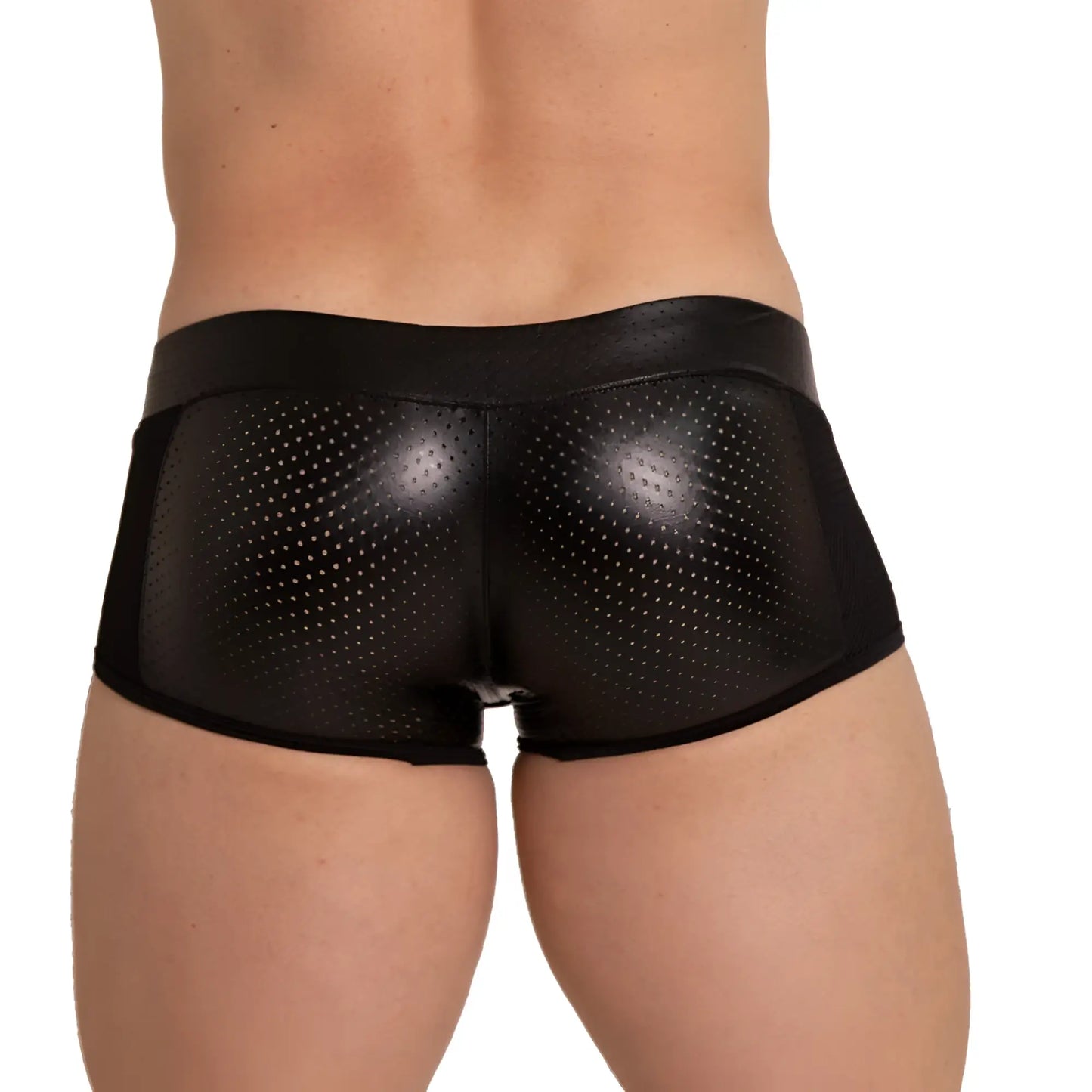 Black perforated faux leather Gigo Foamy Trunk briefs with a sleek glossy finish and a snug fit