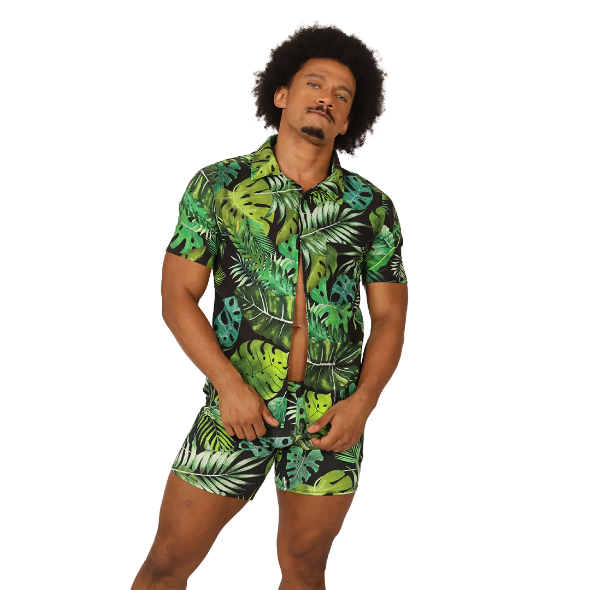 Gigo forest shirt green tropical leaf patterned short-sleeved button-up shirt and matching shorts set