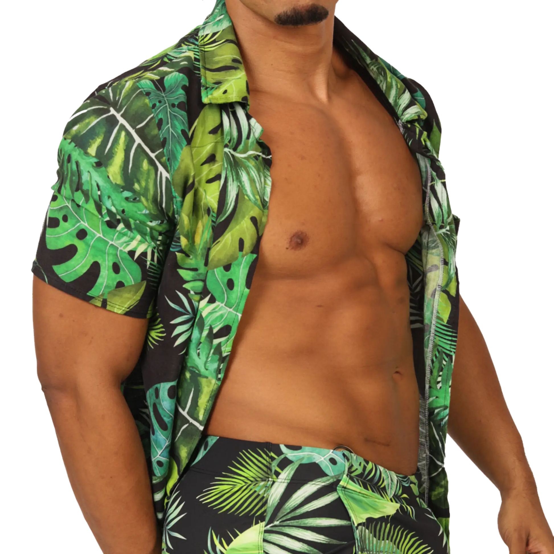Gigo forest shirt short-sleeved button-up with vibrant green tropical leaf pattern on black base fabric