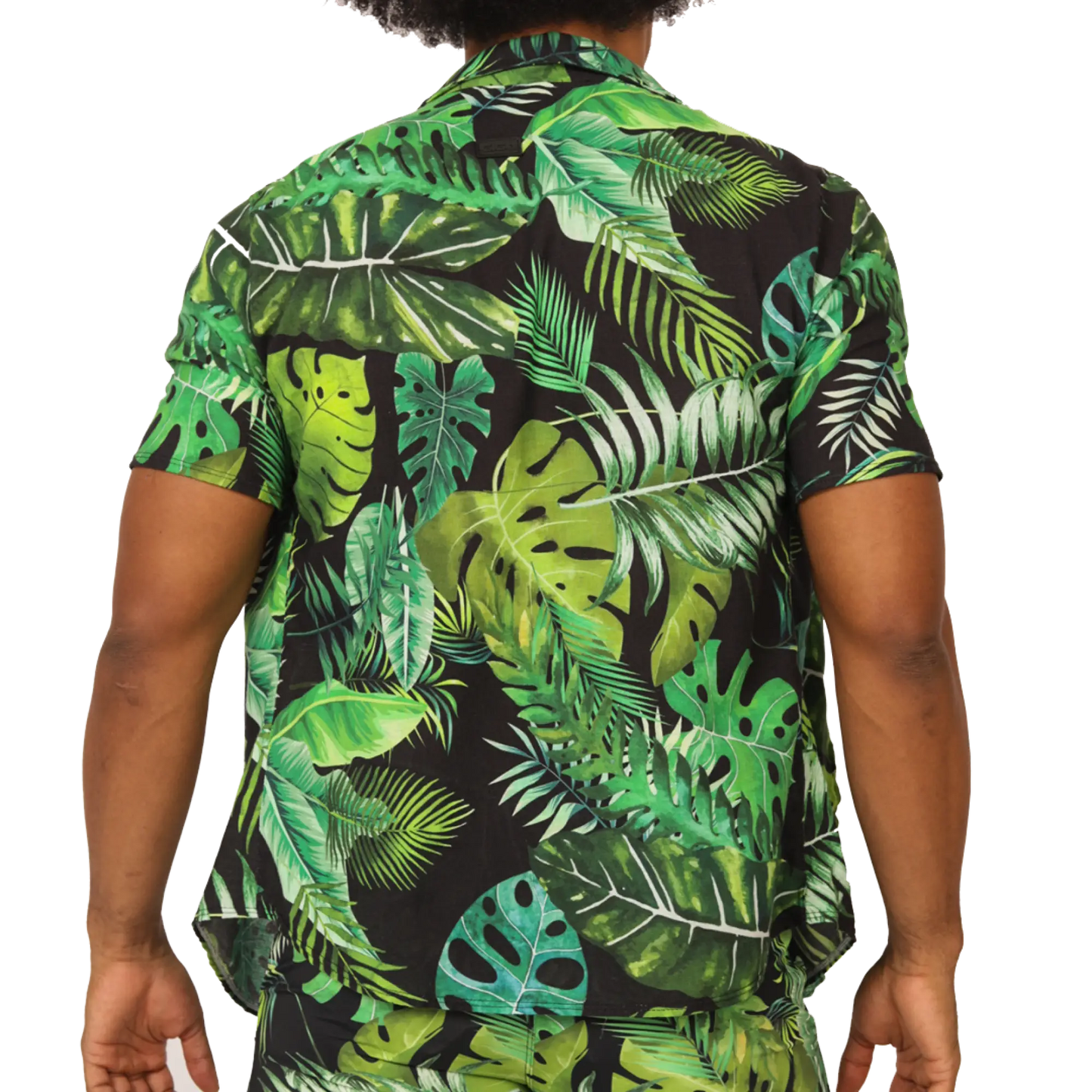Gigo Forest Shirt vibrant tropical leaf patterned short-sleeve shirt in green shades on black background