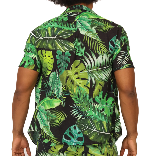 Gigo Forest Shirt vibrant tropical leaf patterned short-sleeve shirt in green shades on black background