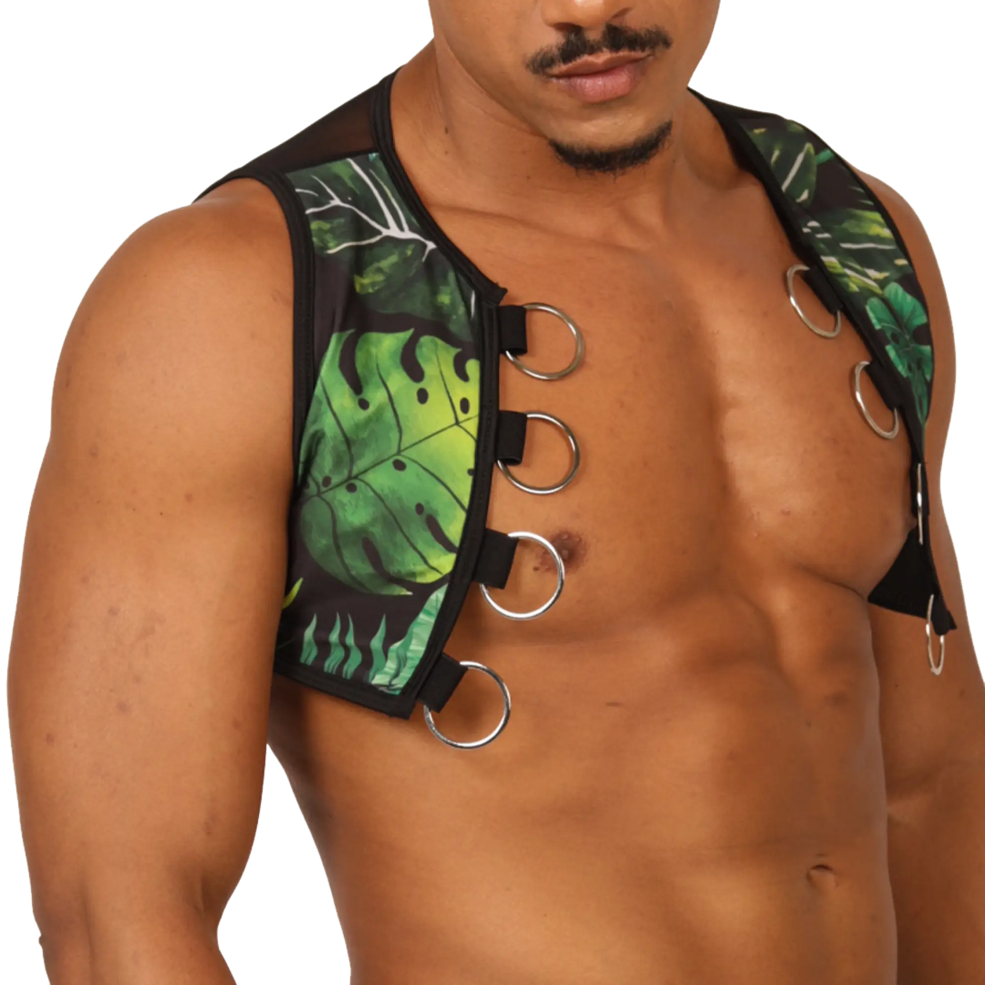 Black and green tropical leaf-patterned gigo forest vest harness with silver metal rings front view