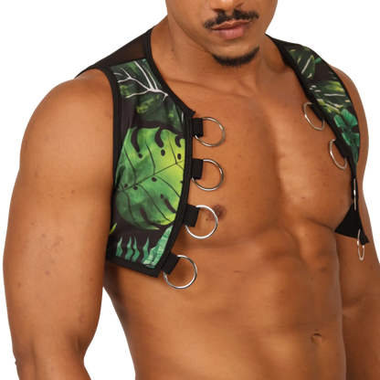 Black and green tropical leaf-patterned gigo forest vest harness with silver metal rings front view