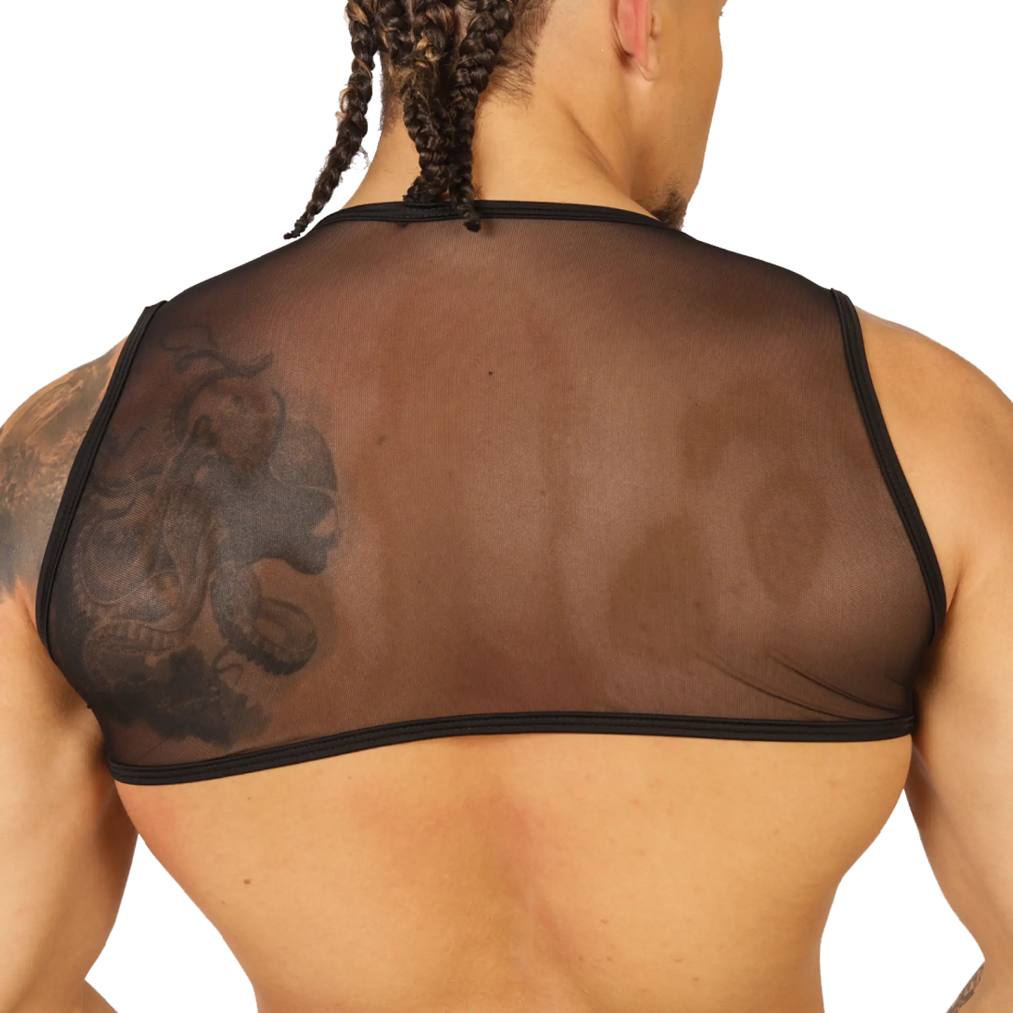 Back view of black sheer mesh gigo forest vest harness with black trim and visible tattoo on wearerâ€™s back