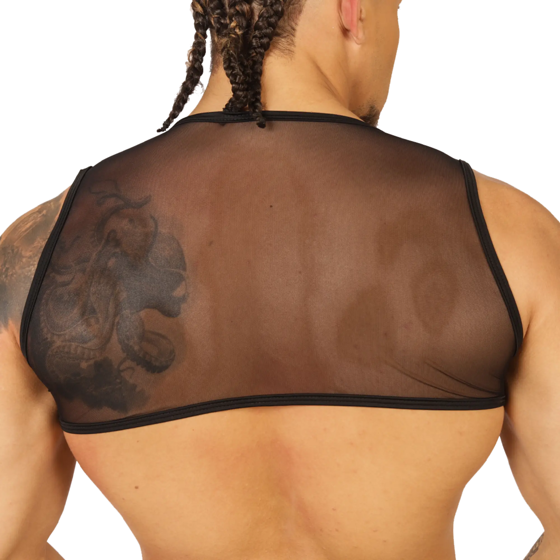 Back view of black sheer mesh gigo forest vest harness with black trim and visible tattoo on wearerâ€™s back