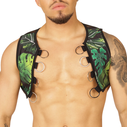 Green tropical leaf patterned gigo forest vest harness with black trim and silver metal rings for secure fit