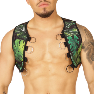 Green tropical leaf patterned gigo forest vest harness with black trim and silver metal rings for secure fit