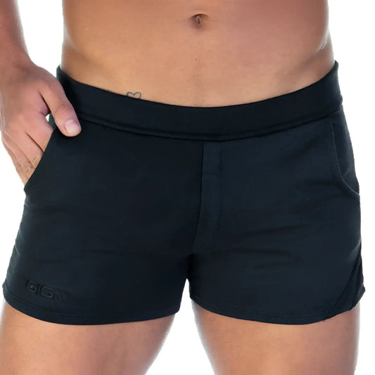 Gigo forever black black shorts with ribbed waistband side pockets and embroidered gig logo on lower left leg
