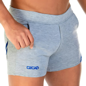 Gray heathered athletic shorts with blue side stripes and gigo logo on lower left leg for sporty casual wear