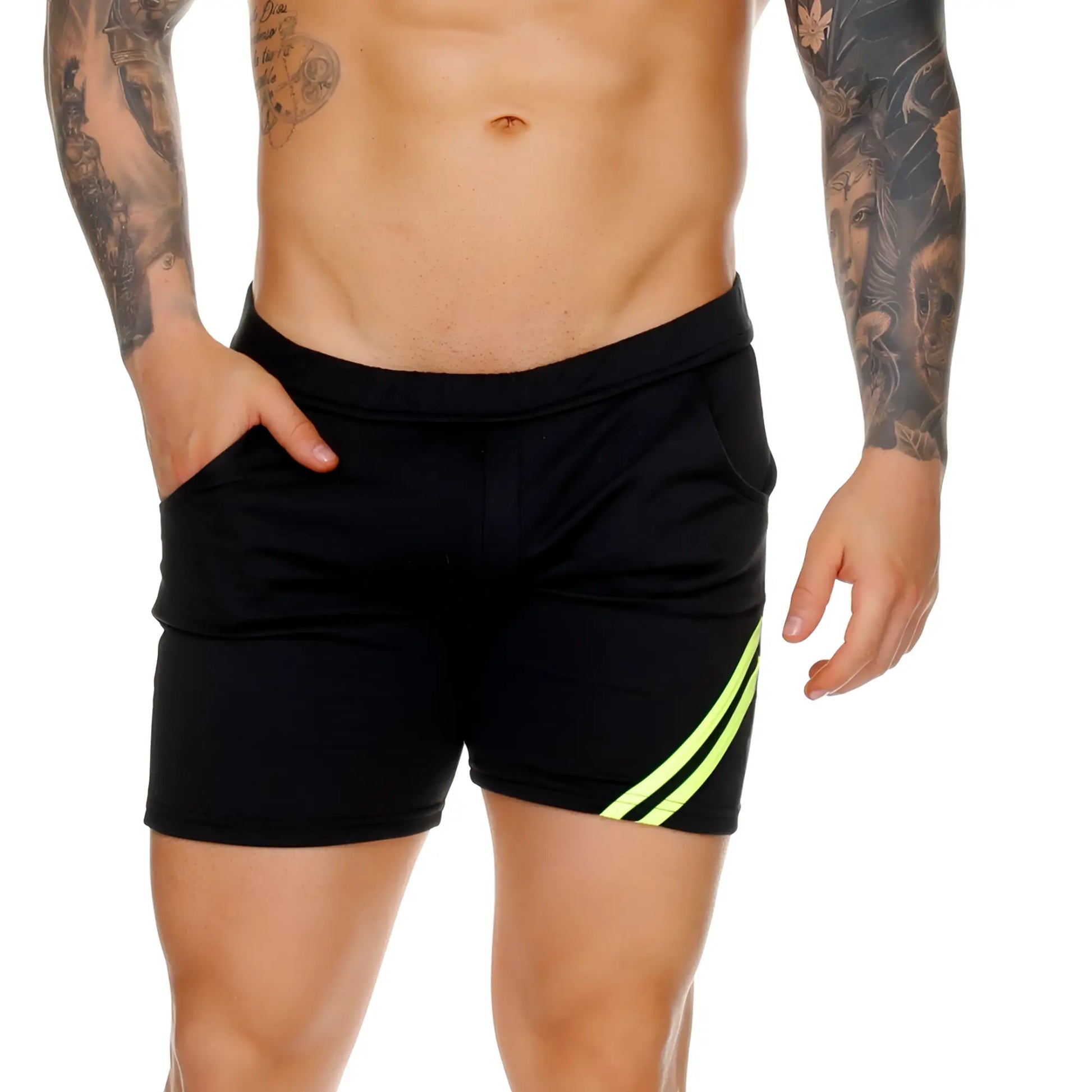 Gigo Forever Long black athletic shorts with neon green diagonal stripes on the side for performance wear