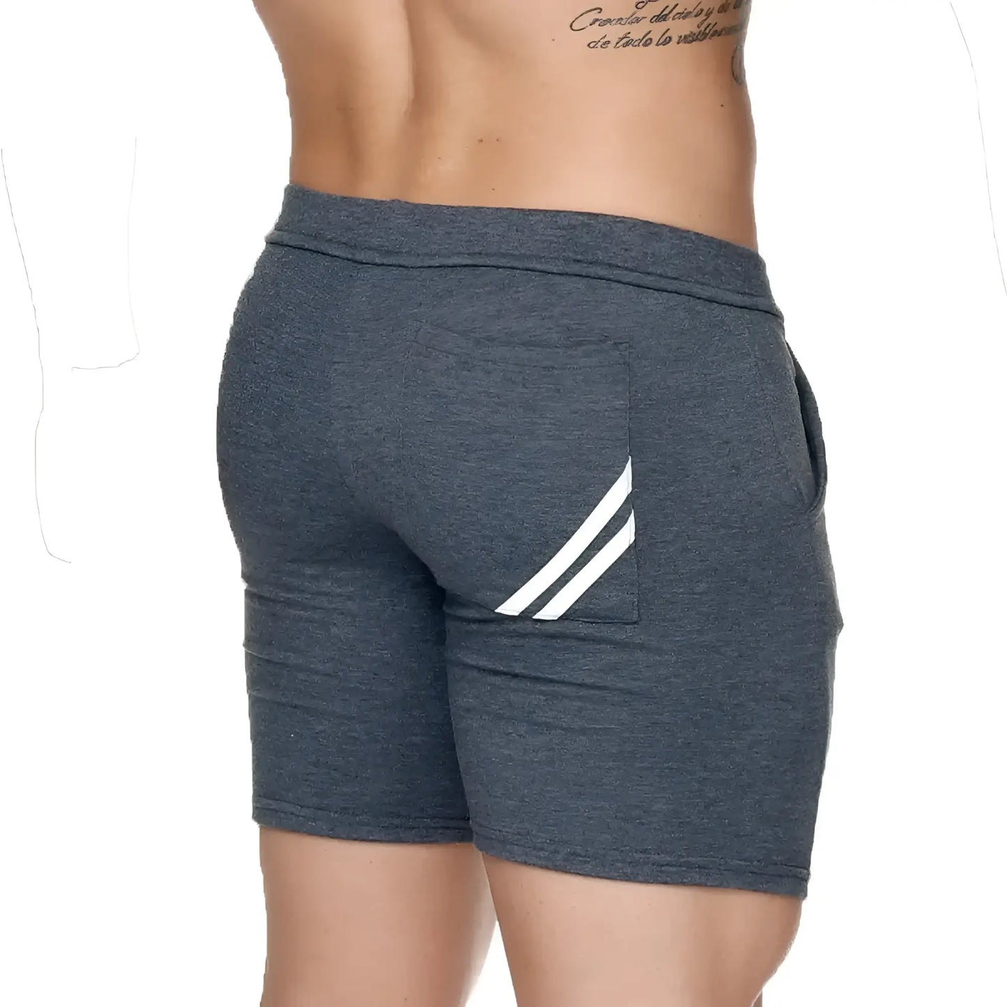 Back side of gigo forever long gray short showing dark gray heathered athletic shorts with white diagonal stripes on pocket